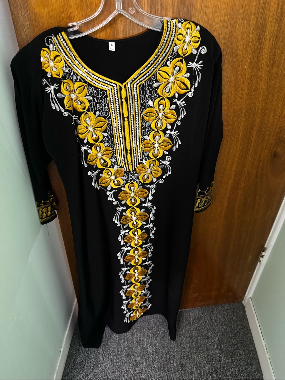 Black Embroidered V-Neck Women’s Tunic with Gold Floral Accents